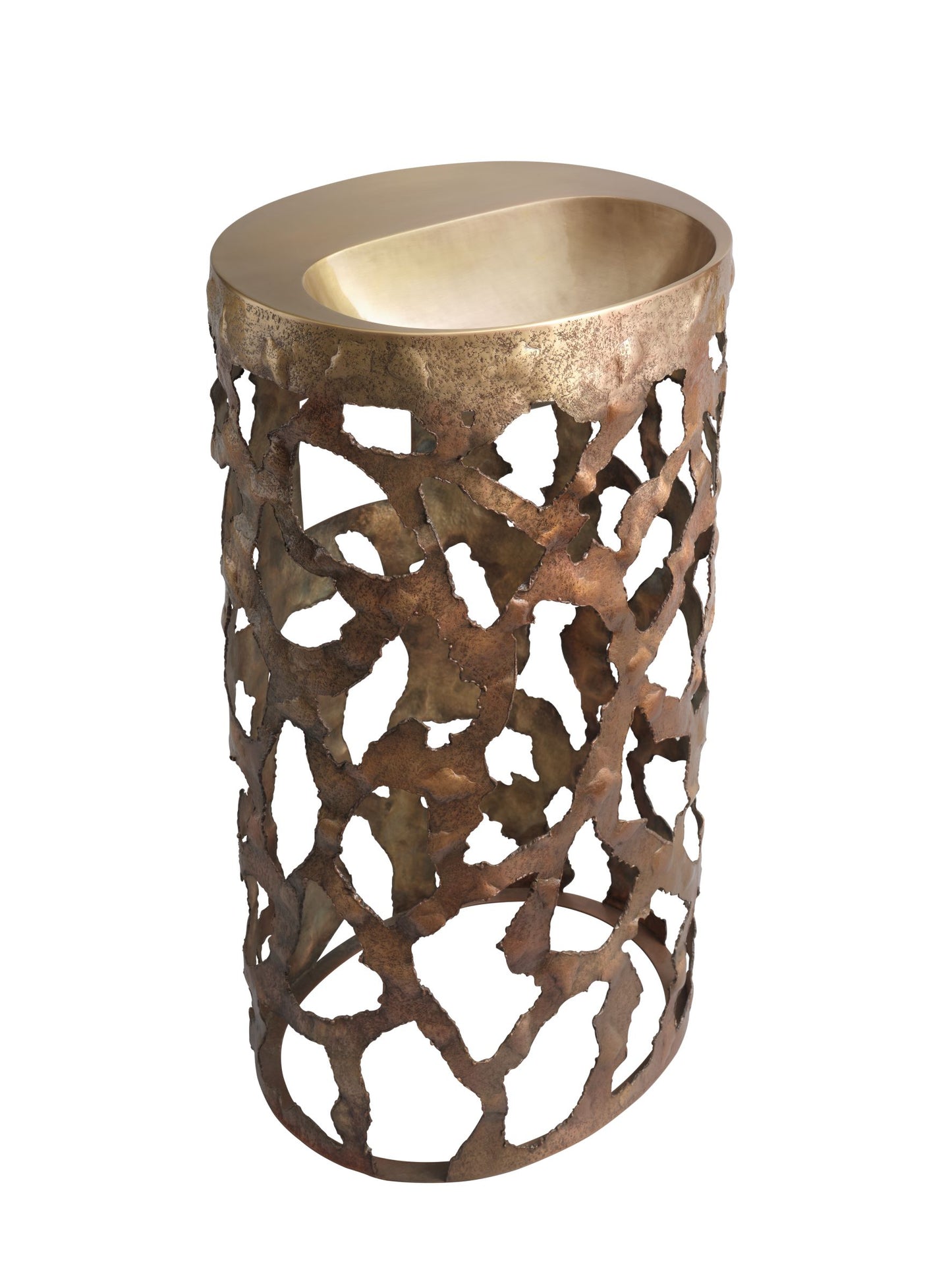 Hand-hammered textured pedestal base of the Thompson Cenote Antique Satin Gold vanity 3622
