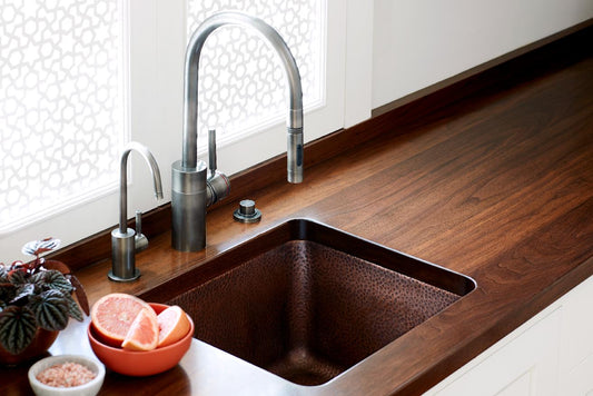 LIfestyle Image Thompson Rivera II 21.5 inch square hand-hammered antique copper bar and prep sink, NS25033H