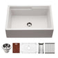 HOUZER QUARTZTONE 30" Cloud Apron Front Granite Composite Workstation Kitchen Sink with Accessories top view with strainer, cutting board, grid, and racks.