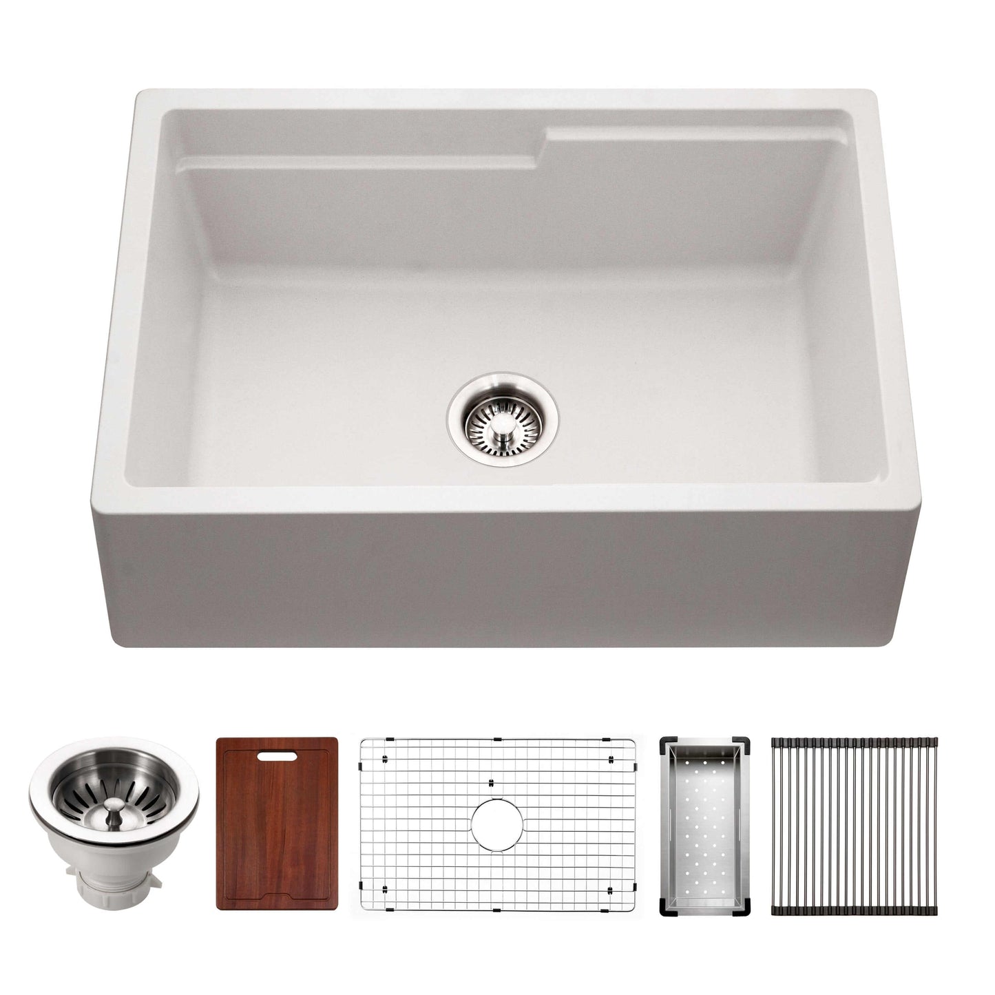 HOUZER QUARTZTONE 30" Cloud Apron Front Granite Composite Workstation Kitchen Sink with Accessories top view with strainer, cutting board, grid, and racks.
