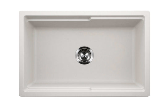 HOUZER QUARTZTONE 30" Cloud Apron Front Granite Composite Workstation Kitchen Sink with Accessories, top view in cloud finish.