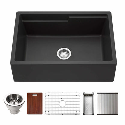 HOUZER QUARTZTONE 30" Cloud Apron Front Granite Composite Workstation Kitchen Sink with Accessories in Midnite color angled top view