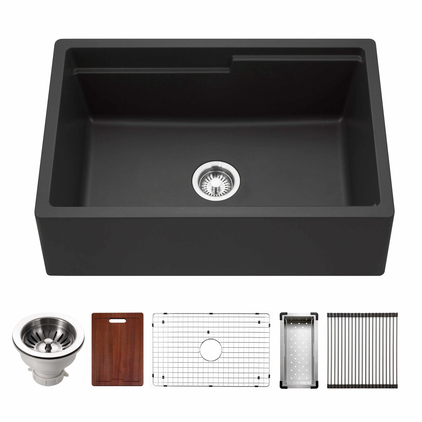 HOUZER QUARTZTONE 30" Cloud Apron Front Granite Composite Workstation Kitchen Sink with Accessories in Midnite color angled top view
