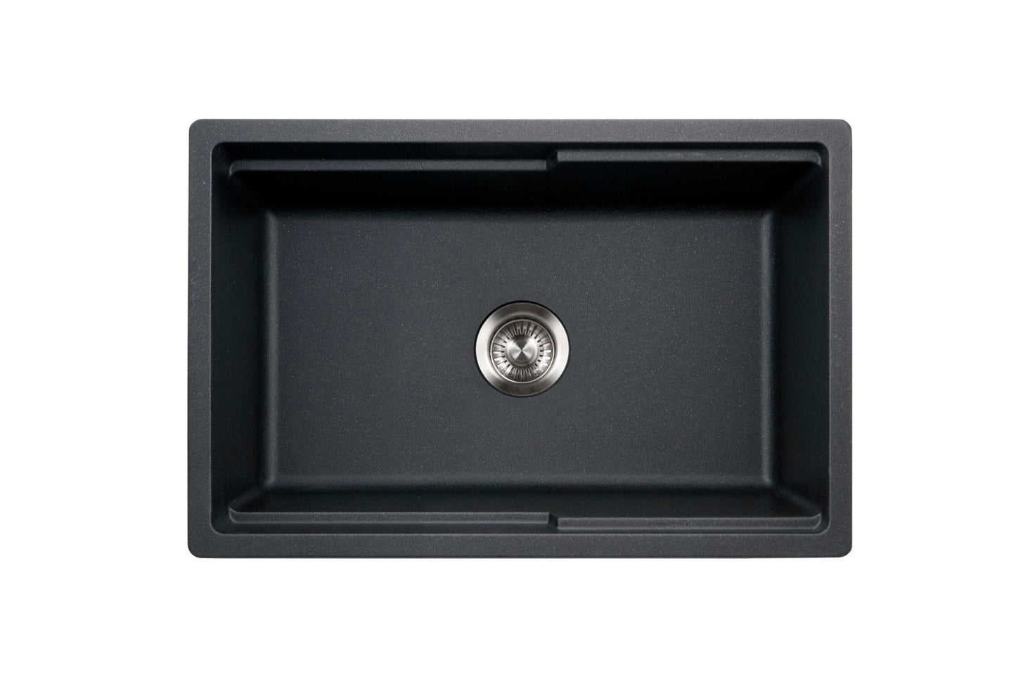 HOUZER QUARTZTONE 30" Cloud Apron Front Granite Composite Workstation Kitchen Sink with Accessories, top view in black finish.