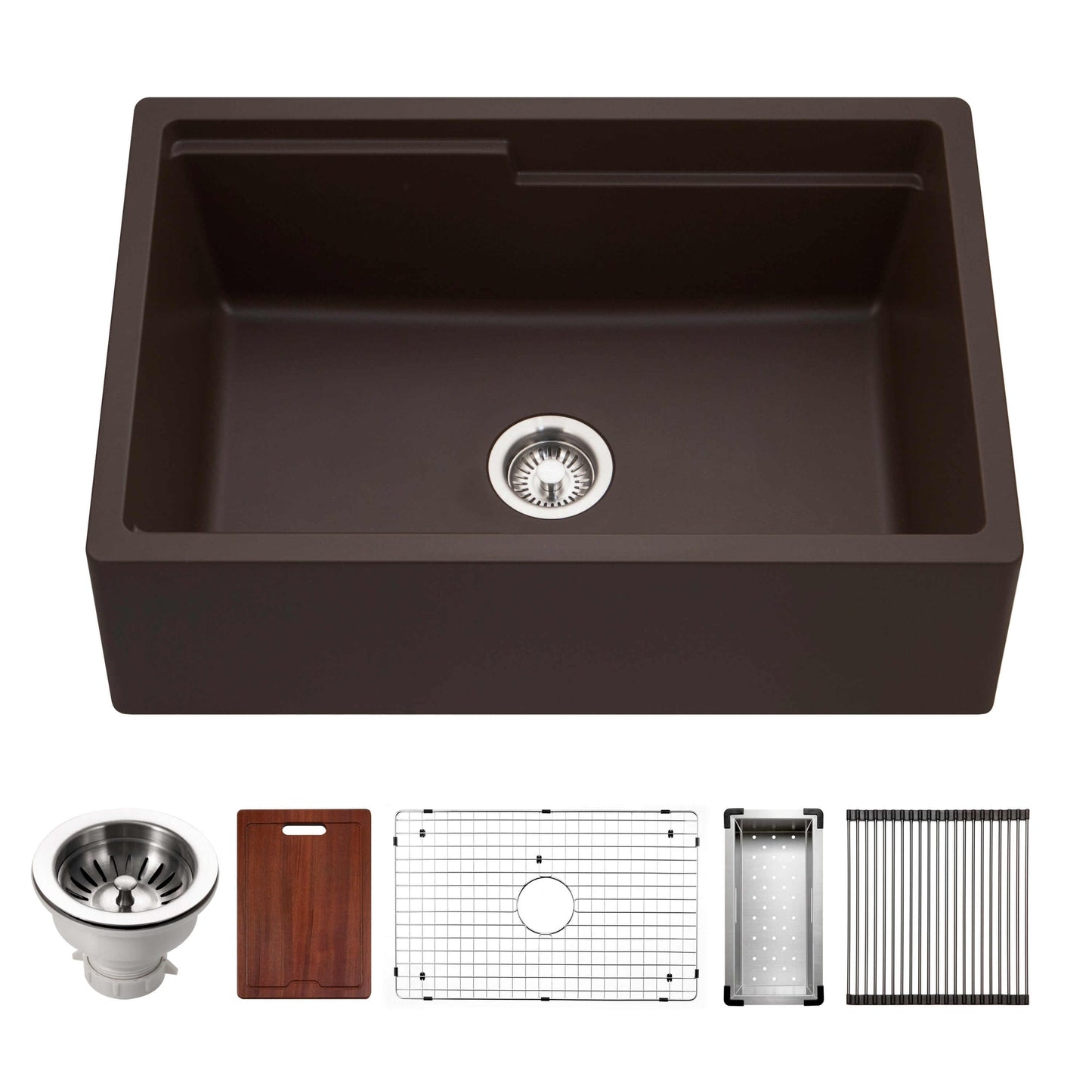 HOUZER QUARTZTONE 30" Cloud Apron Front Granite Composite Workstation Kitchen Sink with Accessories in Mocha color.