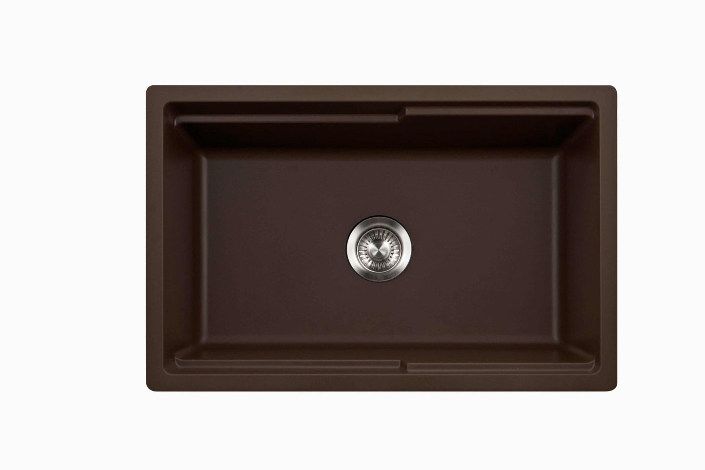 HOUZER QUARTZTONE 30" Cloud Apron Front Granite Composite Workstation Kitchen Sink with Accessories in deep brown finish, top view.