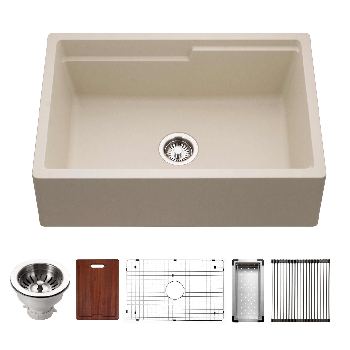 HOUZER QUARTZTONE 30" Cloud Apron Front Granite Composite Workstation Kitchen Sink with Accessories, sand color, top view.