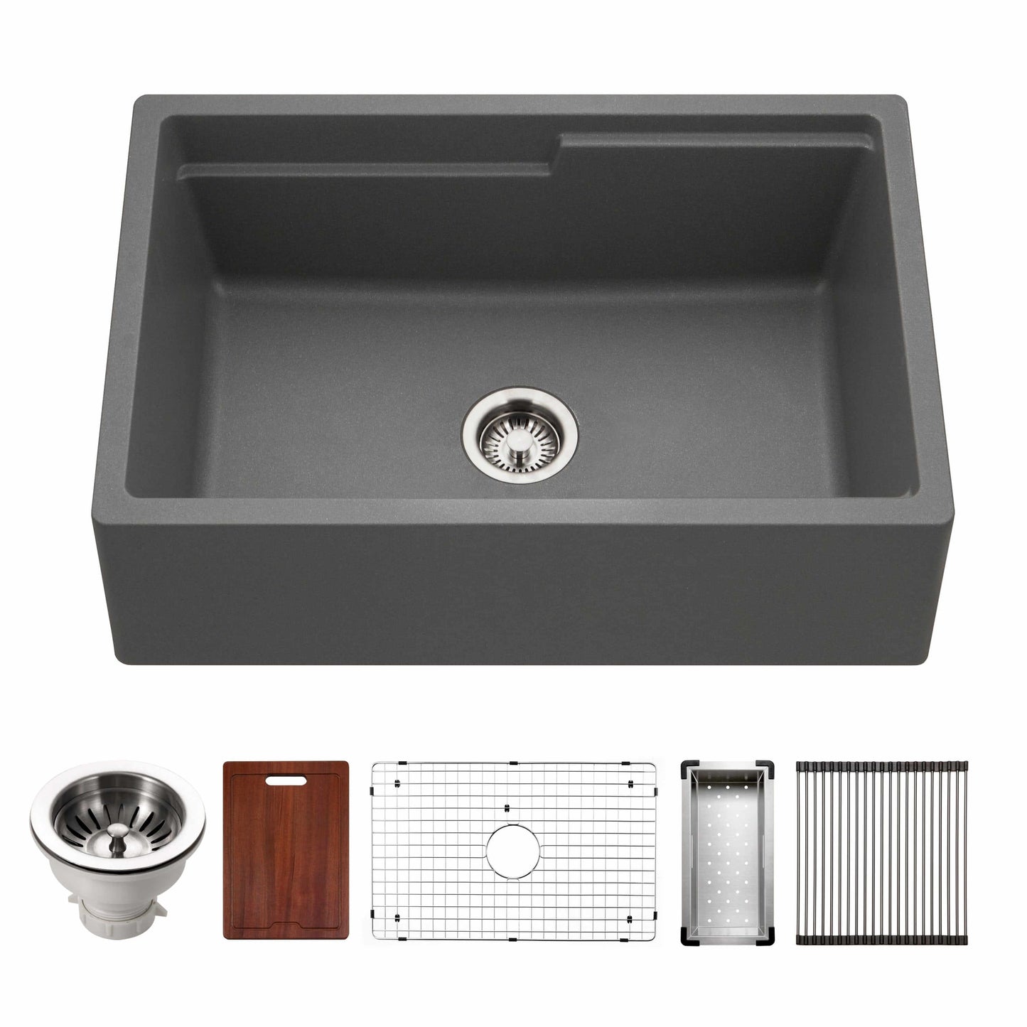 HOUZER QUARTZTONE 30" Cloud Apron Front Granite Composite Workstation Kitchen Sink with Accessories in Slate top view