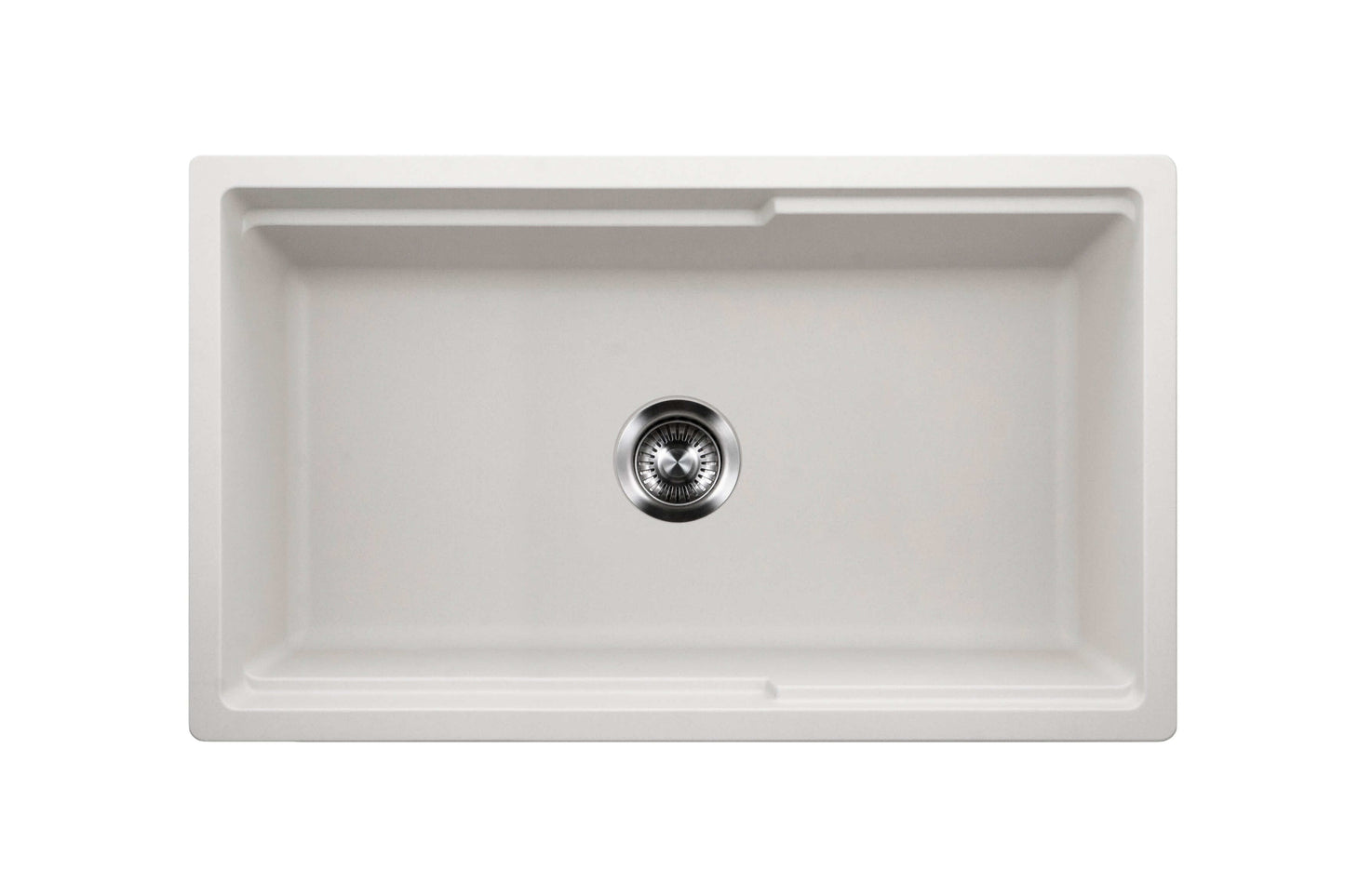 Top view of HOUZER QUARTZTONE 33" Cloud Apron Front Granite Composite Workstation Kitchen Sink with Accessories in white finish.