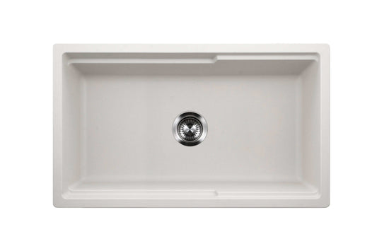 Top view of HOUZER QUARTZTONE 33" Cloud Apron Front Granite Composite Workstation Kitchen Sink with Accessories in white finish.
