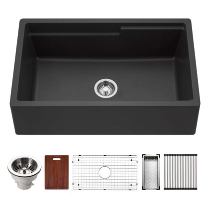HOUZER QUARTZTONE 33" Cloud Apron Front Granite Composite Workstation Kitchen Sink with Accessories in Midnite color.
