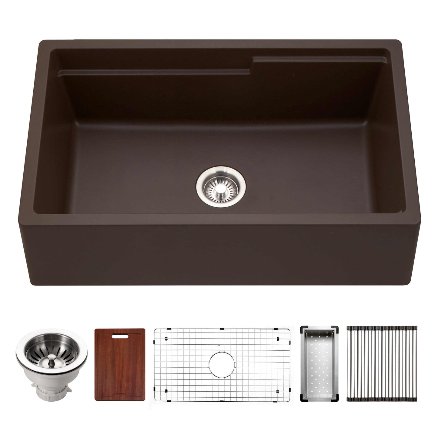 HOUZER QUARTZTONE 33" Cloud Apron Front Granite Composite Workstation Kitchen Sink with Accessories in Mocha color, top view showcasing sink and accessories.