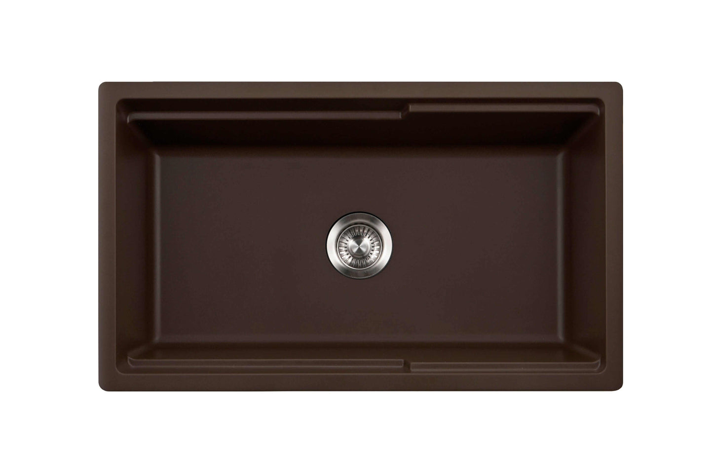HOUZER QUARTZTONE 33" Cloud Apron Front Granite Composite Workstation Kitchen Sink with Accessories in rich brown finish, top view.