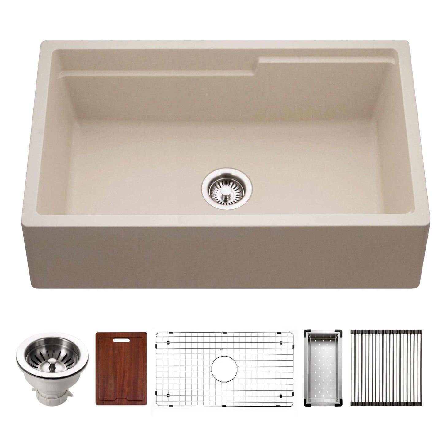 HOUZER QUARTZTONE 33" Cloud Apron Front Granite Composite Workstation Kitchen Sink with Accessories in Sand color.