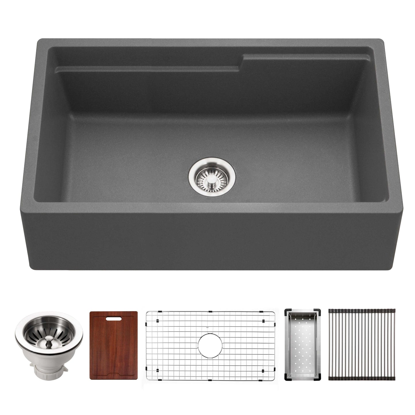 HOUZER QUARTZTONE 33" Cloud Apron Front Granite Composite Workstation Kitchen Sink with Accessories in Slate finish, top view.