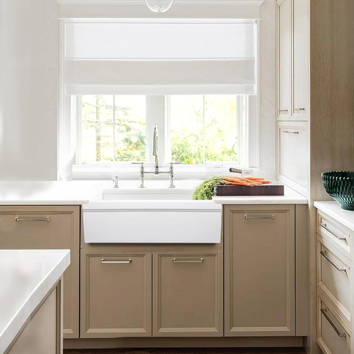 Nantucket WH3018FCL 30-inch reversible fireclay farmhouse sink, installed