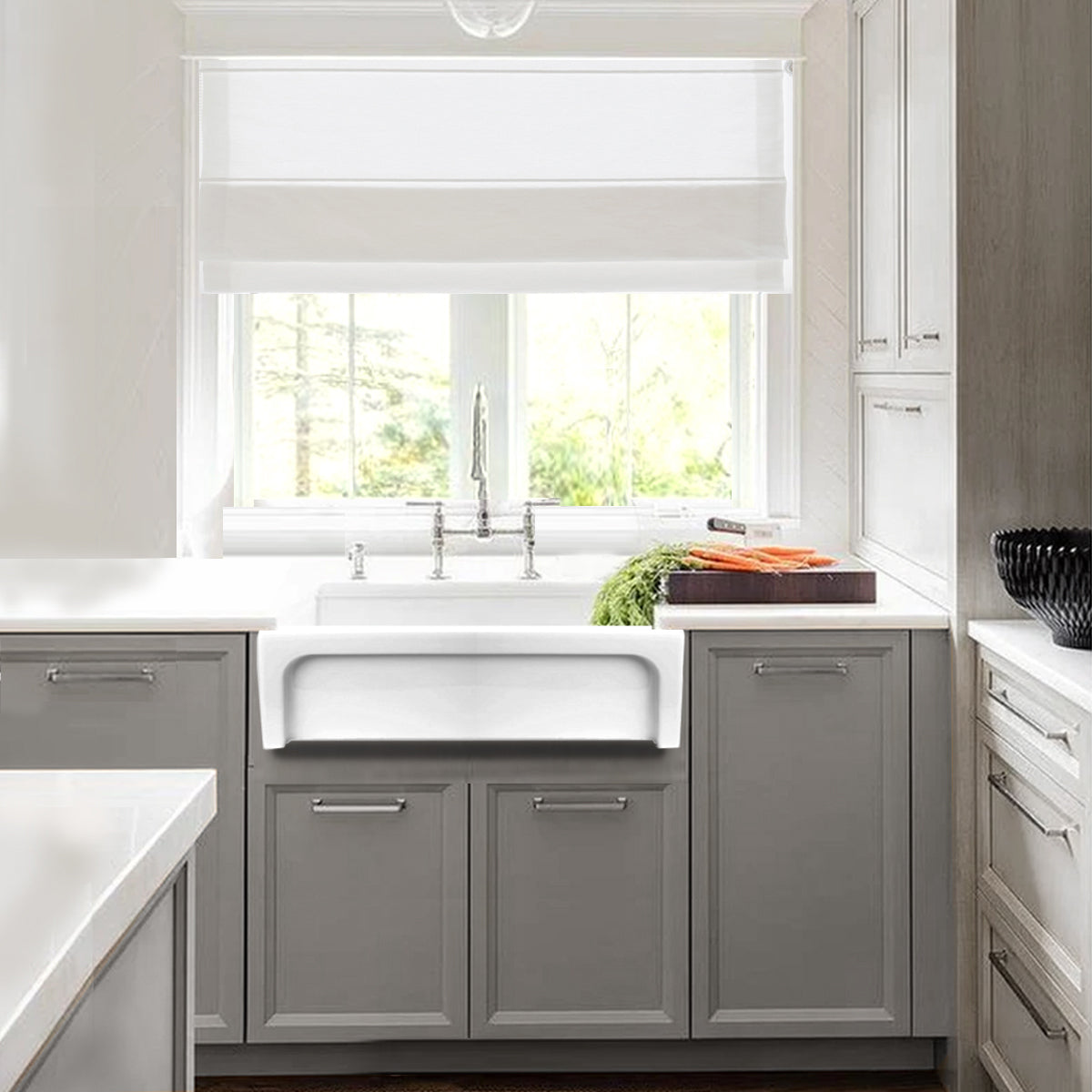Nantucket WH3018FCL 30-inch reversible fireclay farmhouse sink, installed