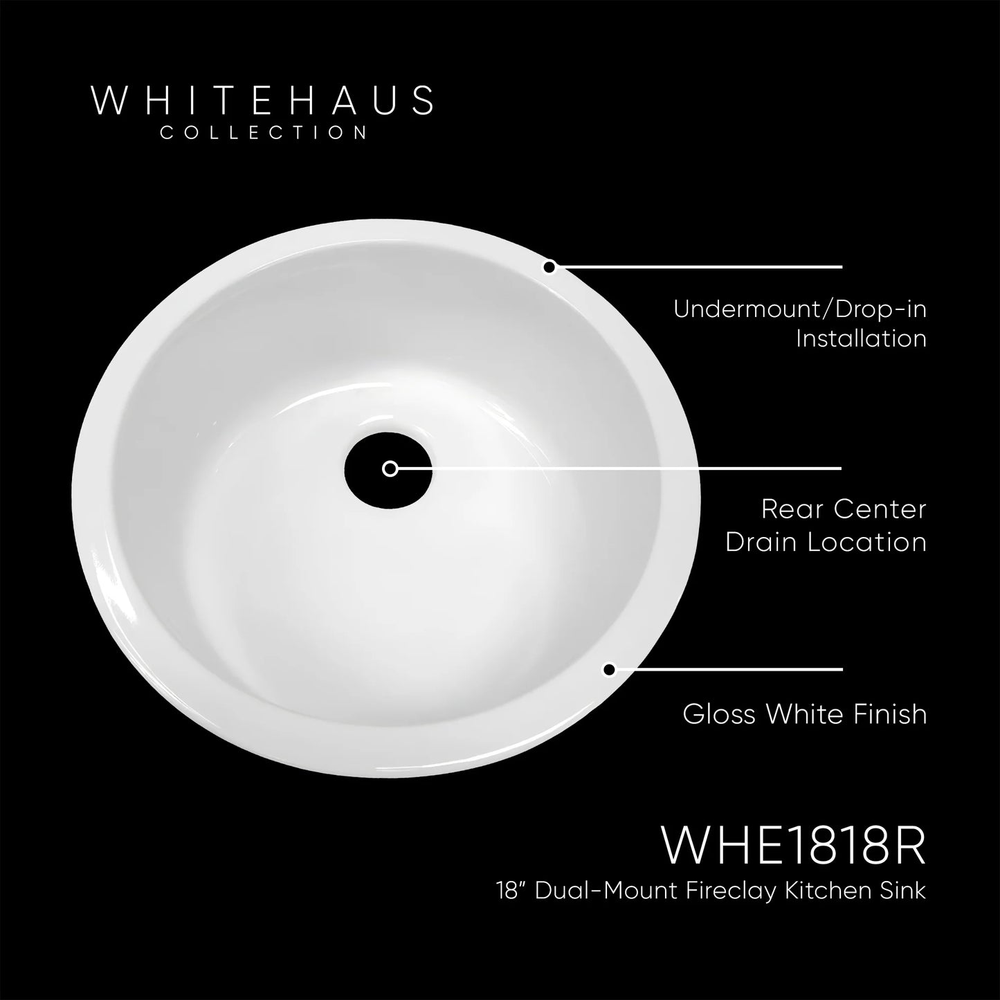 WHITEHAUS 18.25" Elementhaus Fireclay Circular Drop In/Undermount Sink with 3 ½" Rear Center Drain WHE1818R