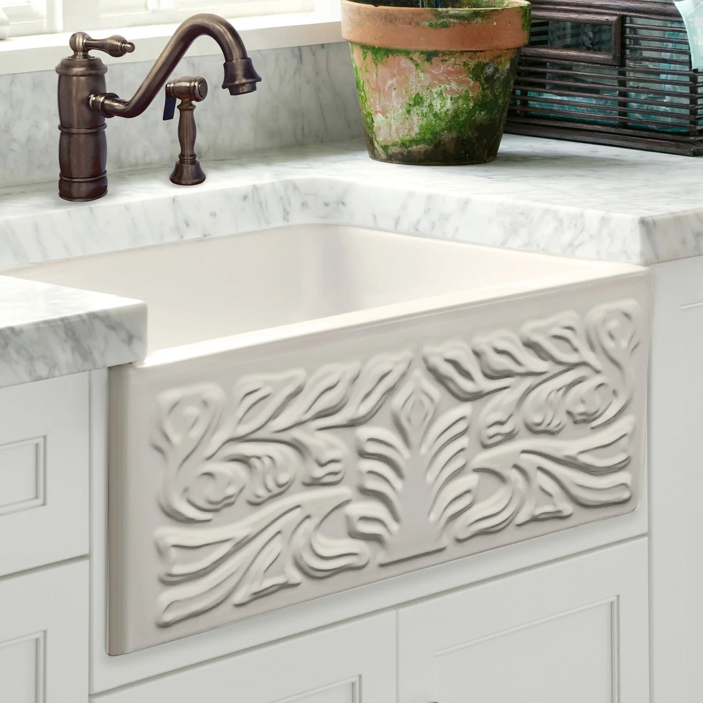 WHITEHAUS 30" Farmhaus Fireclay Reversible Sink WHFLGO3018 with Roman floral design.