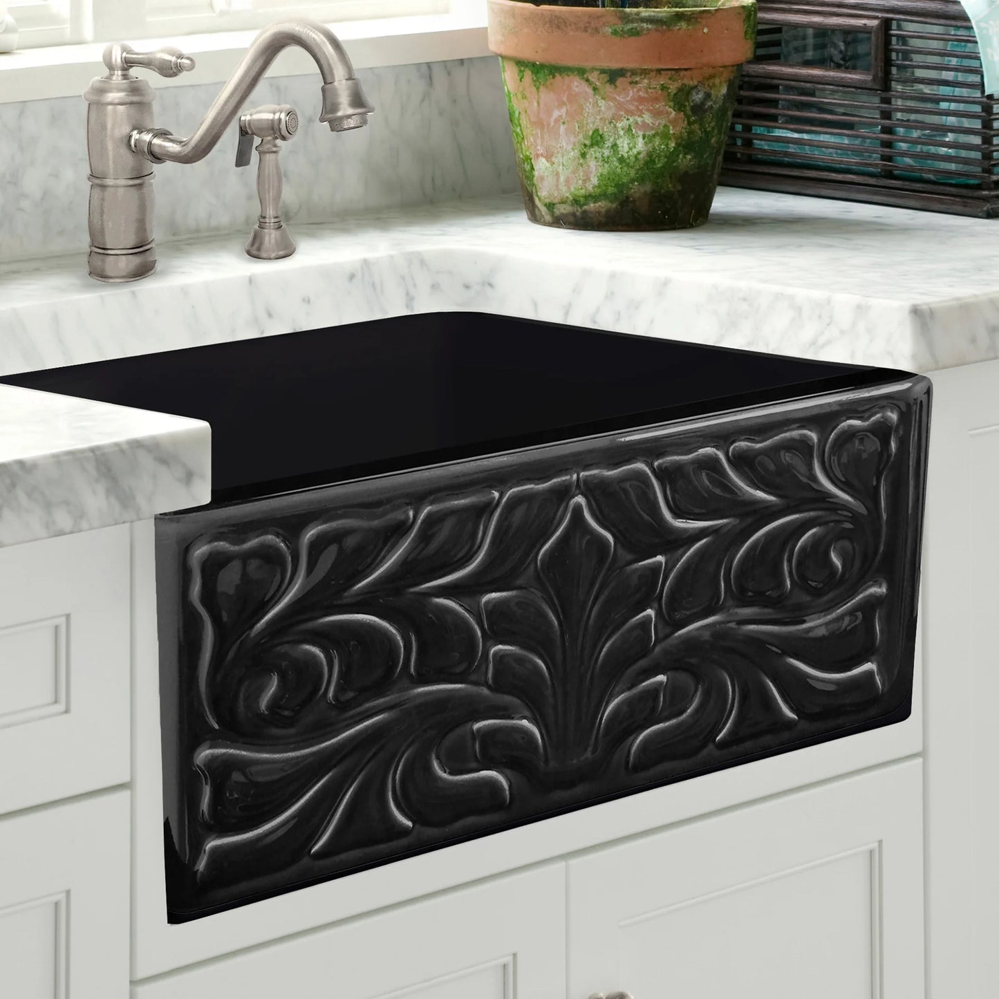WHITEHAUS 30" Farmhaus Fireclay Reversible Sink WHFLGO3018 with intricate floral design in black