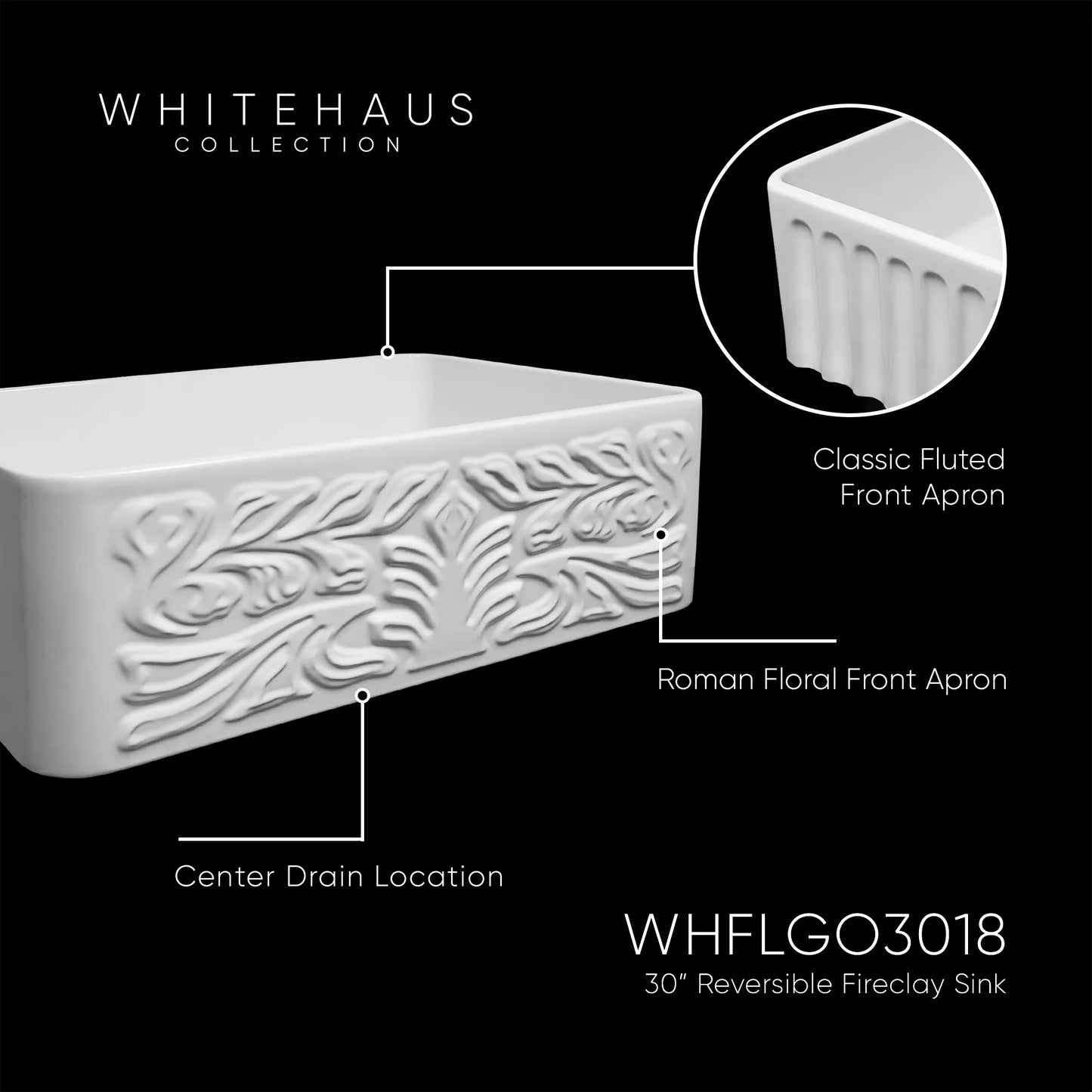 WHITEHAUS 30" Farmhaus Fireclay Reversible Sink WHFLGO3018 with classic fluted and Roman floral front aprons.