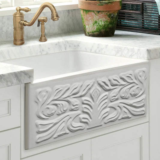 WHITEHAUS 30" Farmhaus Fireclay Reversible Sink WHFLGO3018 with intricate floral design