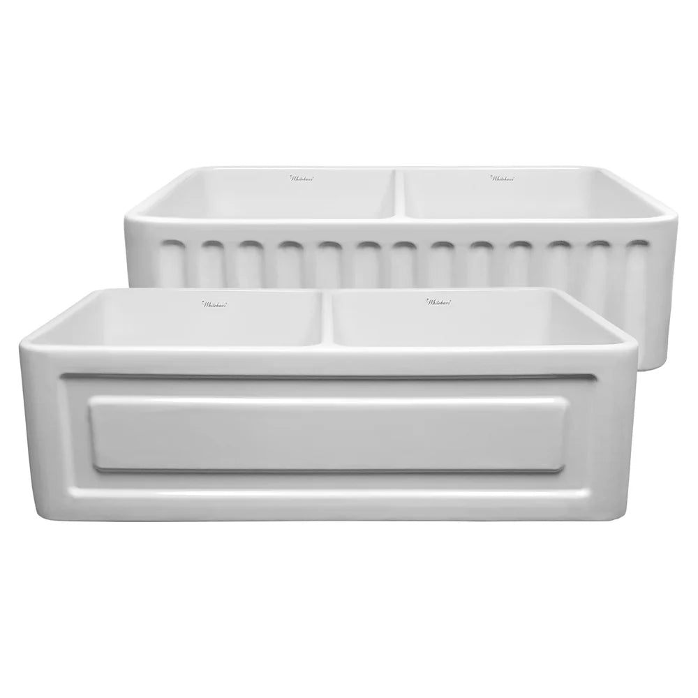 WHITEHAUS 33" Farmhaus Fireclay Reversible Double Bowl Sink WHFLRPL3318-WHITE