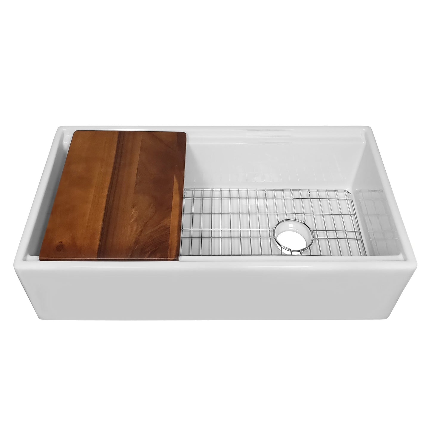 Whitehaus 36" farmhouse fireclay workstation sink with offset drain showing included accessories