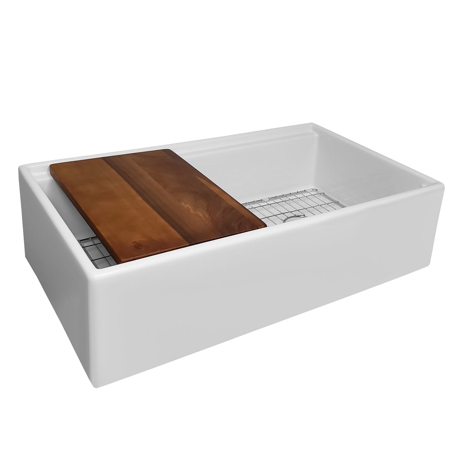Front angle view of 36" fireclay farmhouse workstation sink with offset drain and accessories made by Whitehaus
