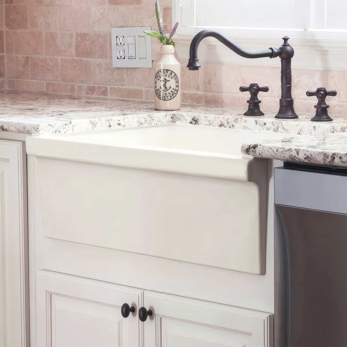 WHITEHAUS 30" Farmhaus Fireclay Quatro Alcove Reversible Sink WHQ330 installed in a kitchen with granite countertop.