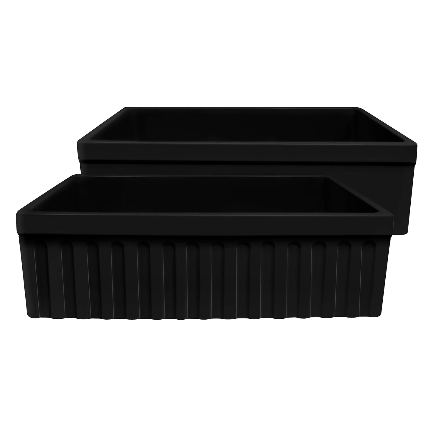 BLACK rectangular storage bins in two sizes with a ribbed design, perfect for organizing uses in various spaces.