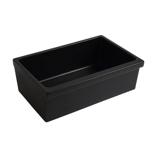 WHITEHAUS 30" Farmhaus Fireclay Quatro Alcove Reversible Sink in elegant black finish, perfect for compact kitchen spaces.