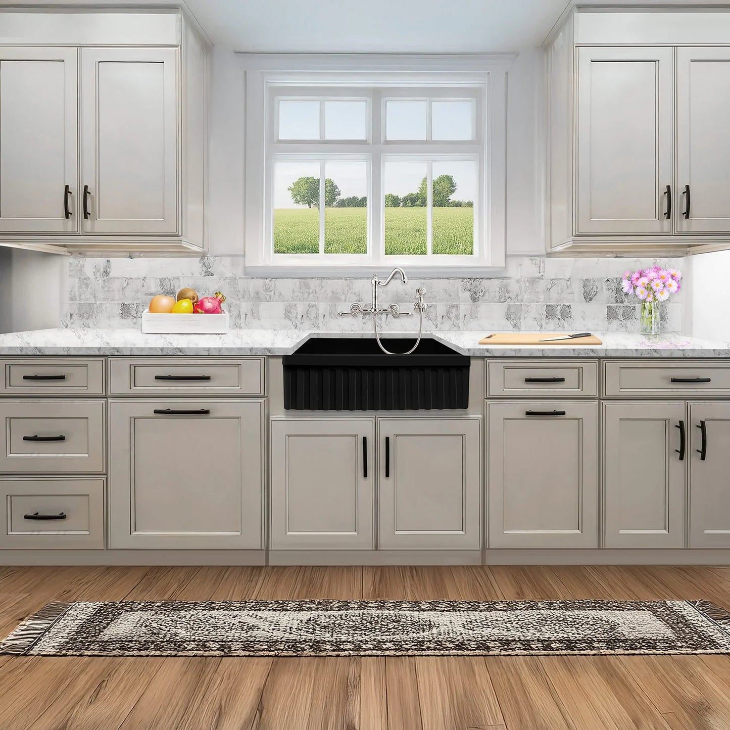 WHITEHAUS 30" Farmhaus Fireclay Quatro Alcove Reversible Sink WHQ330 installed in a modern kitchen.
