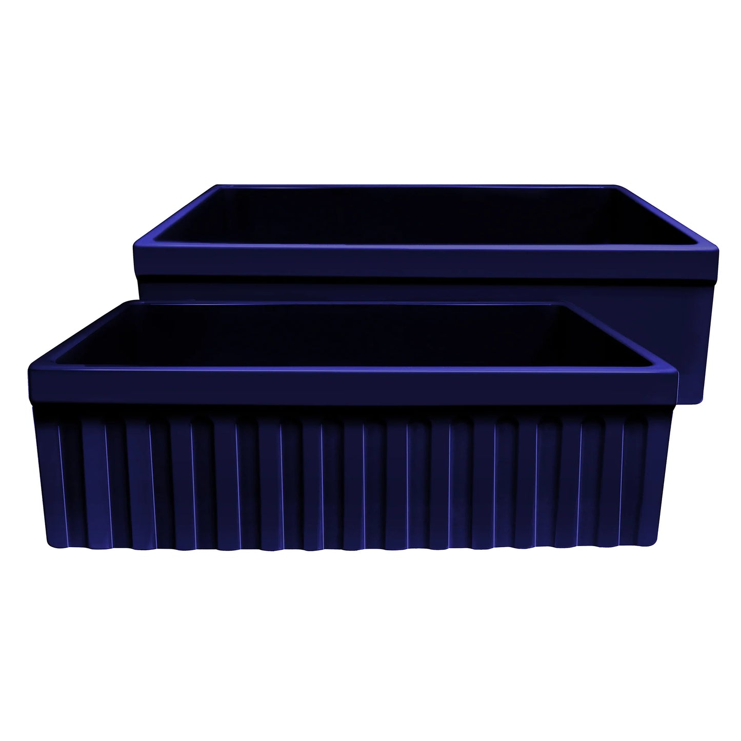 WHITEHAUS 30" Farmhaus Fireclay Quatro Alcove Reversible Sink WHQ330 displayed in elegant, deep blue color.