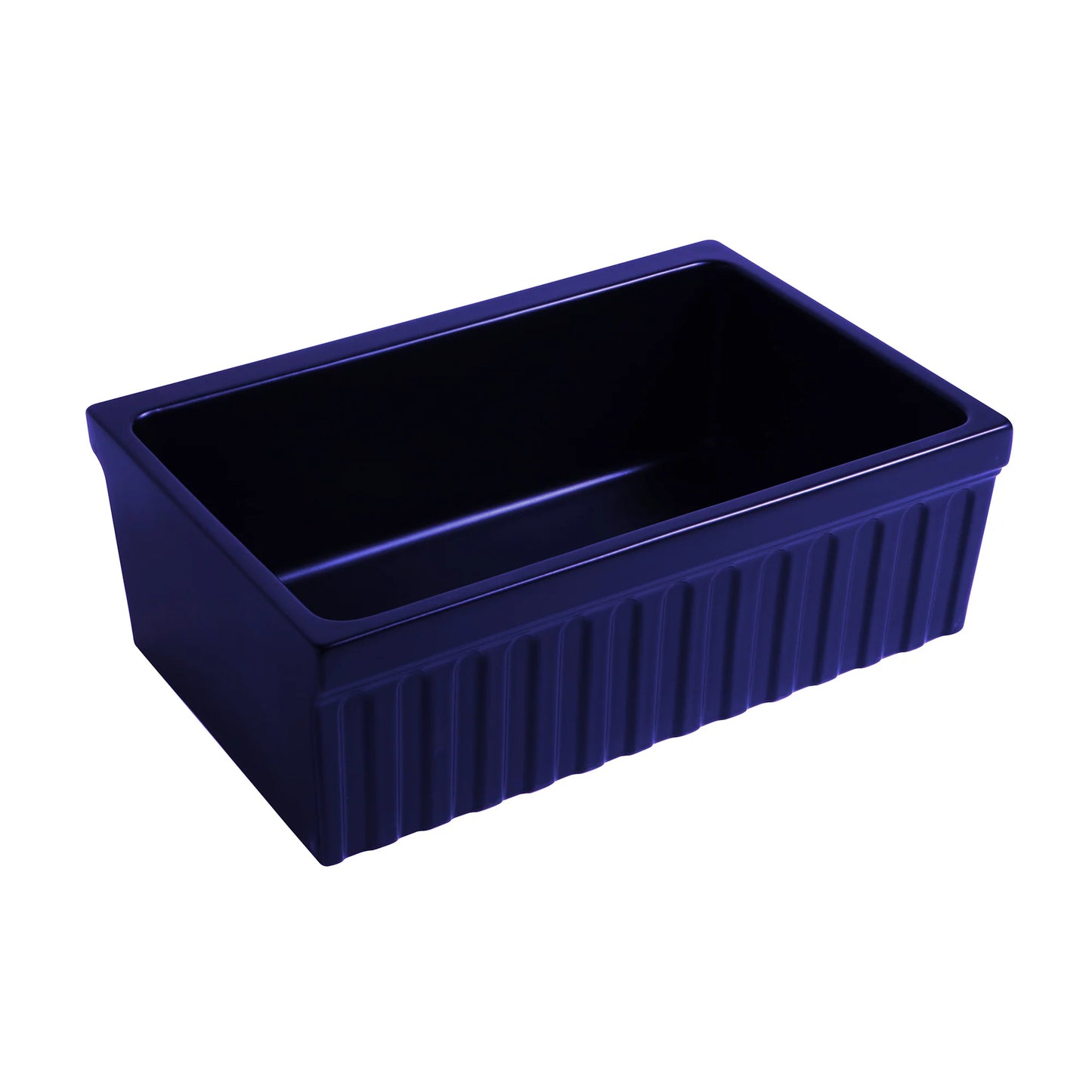 BLUE WHITEHAUS 30" Farmhaus Fireclay Quatro Alcove Reversible Sink WHQ330 with elegant ribbed design.