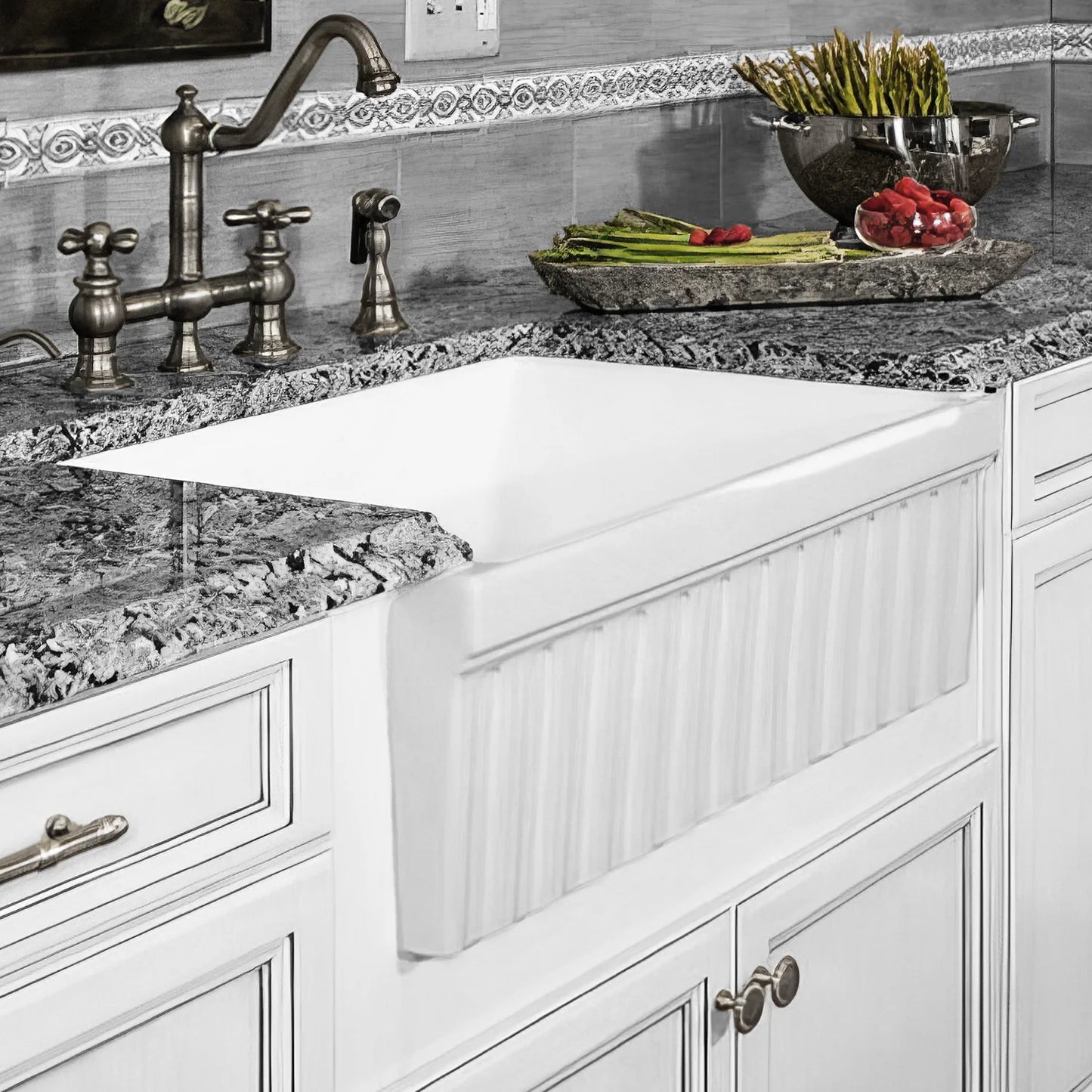 WHITEHAUS 30" Farmhaus Fireclay Quatro Alcove Reversible Sink WHQ330 in elegant kitchen setting with granite countertop.