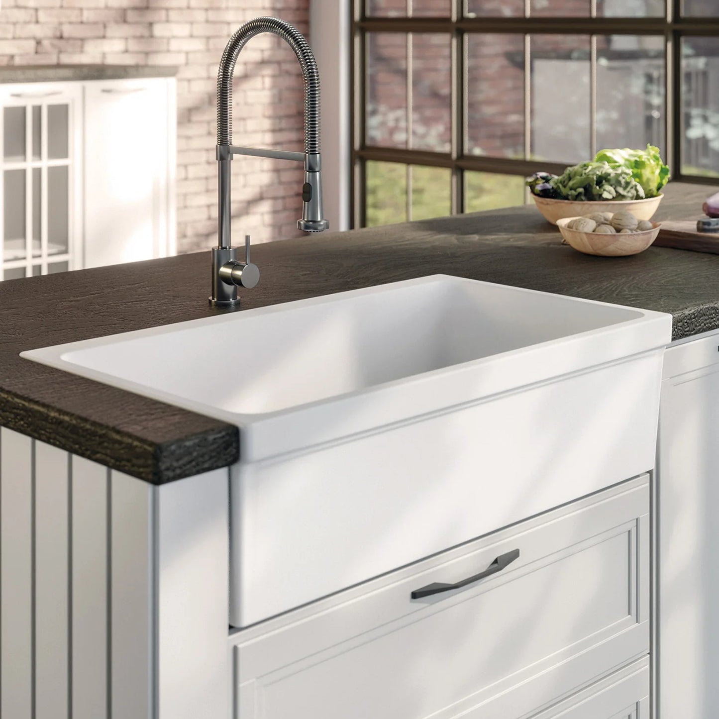 WHITEHAUS 36" Farmhaus Fireclay Quatro Alcove Large Reversible Sink in modern kitchen setting.