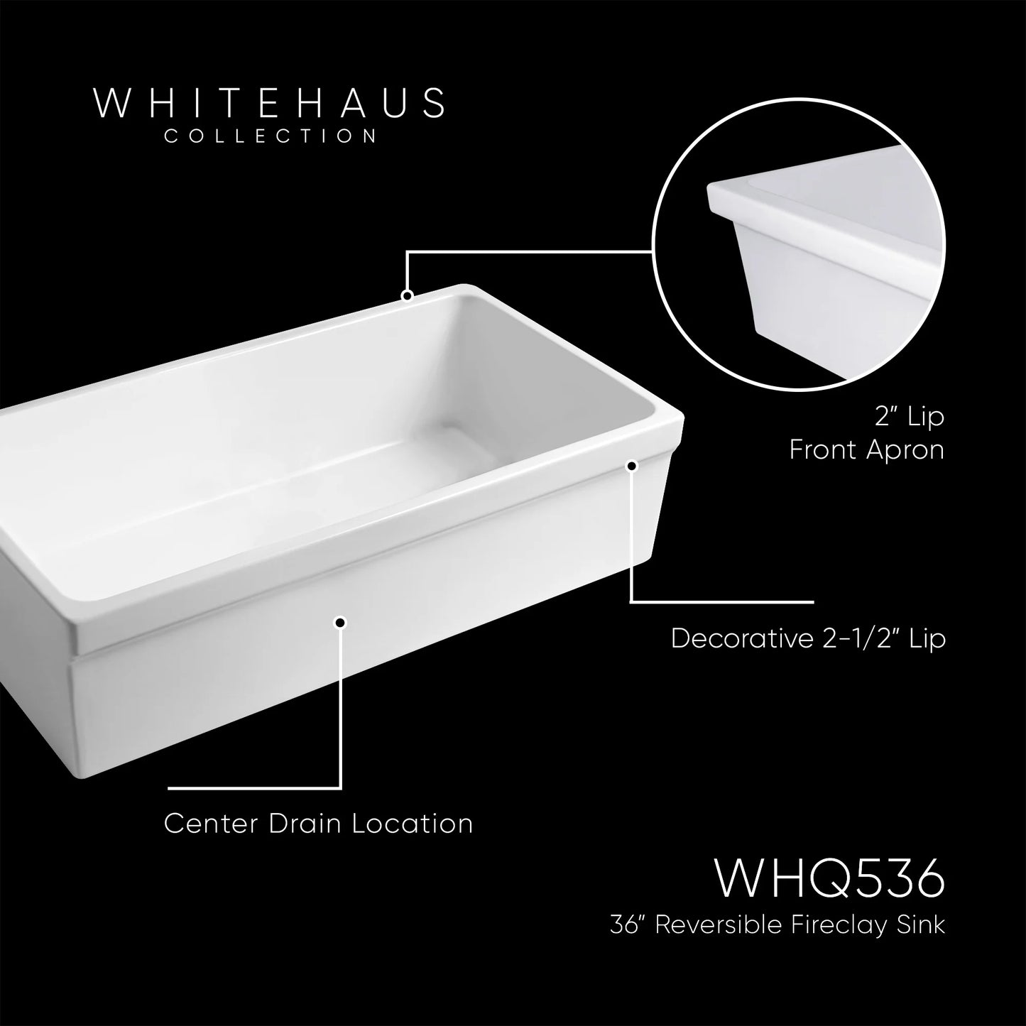 WHITEHAUS 36" Farmhaus Fireclay Quatro Alcove Large Reversible Sink features and design.