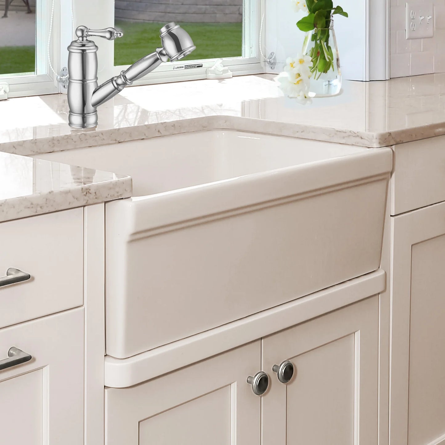 WHITEHAUS 30" Glencove Fireclay Reversible Sink in a modern kitchen, showcasing its elegant design and functionality.