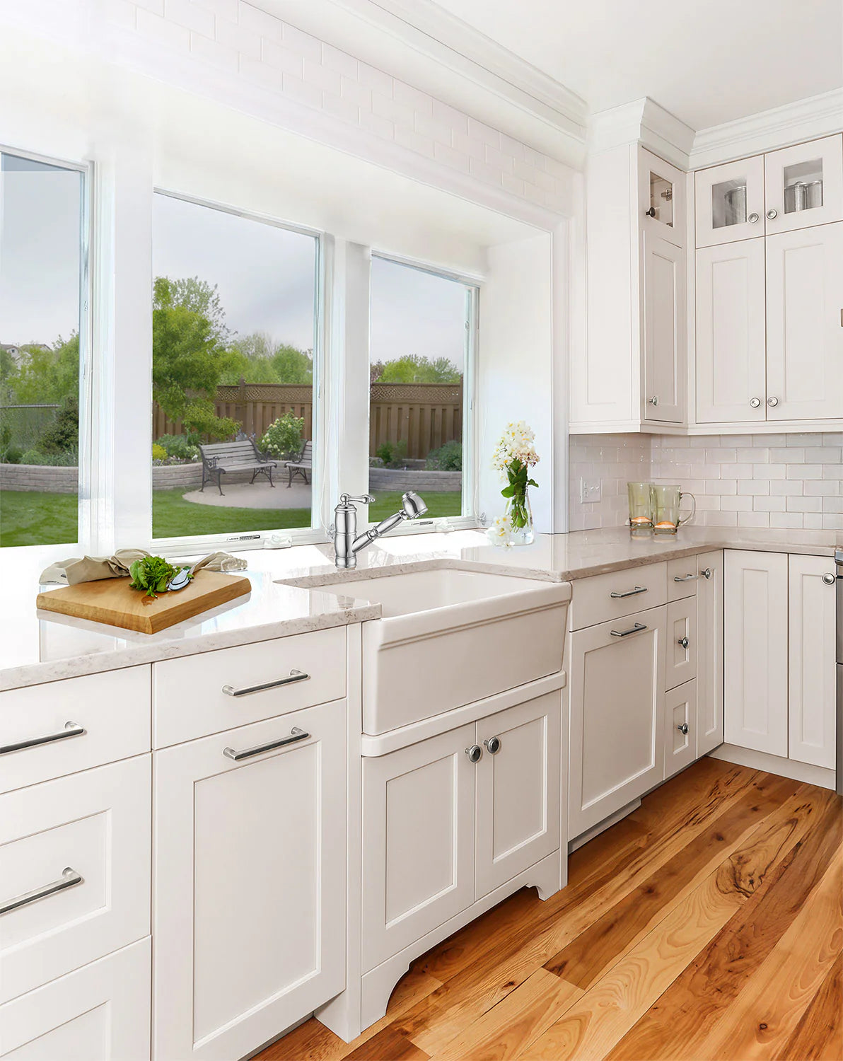 WHITEHAUS 30" Glencove Fireclay Reversible Sink in a modern kitchen with white cabinetry and natural lighting.