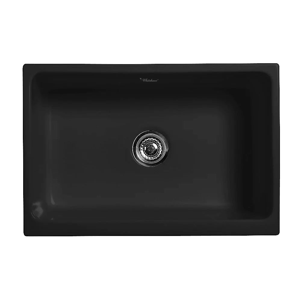 WHITEHAUS 30" Glencove Fireclay Reversible Sink in black with a sleek, modern design.
