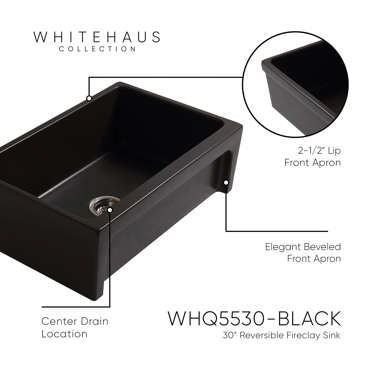 WHITEHAUS 30" Glencove Fireclay Reversible Sink features a sleek design with elegant beveled front apron.