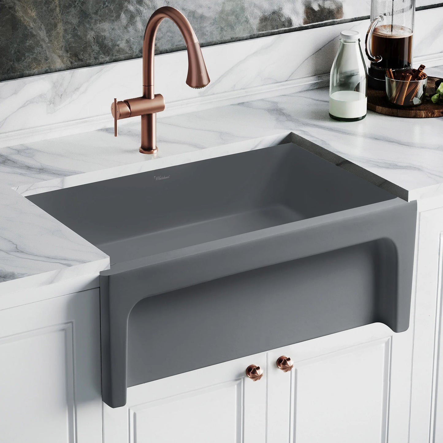 WHITEHAUS 30" Glencove Reversible Matte White Fireclay Kitchen Sink - WHQ5530 in modern kitchen setting.