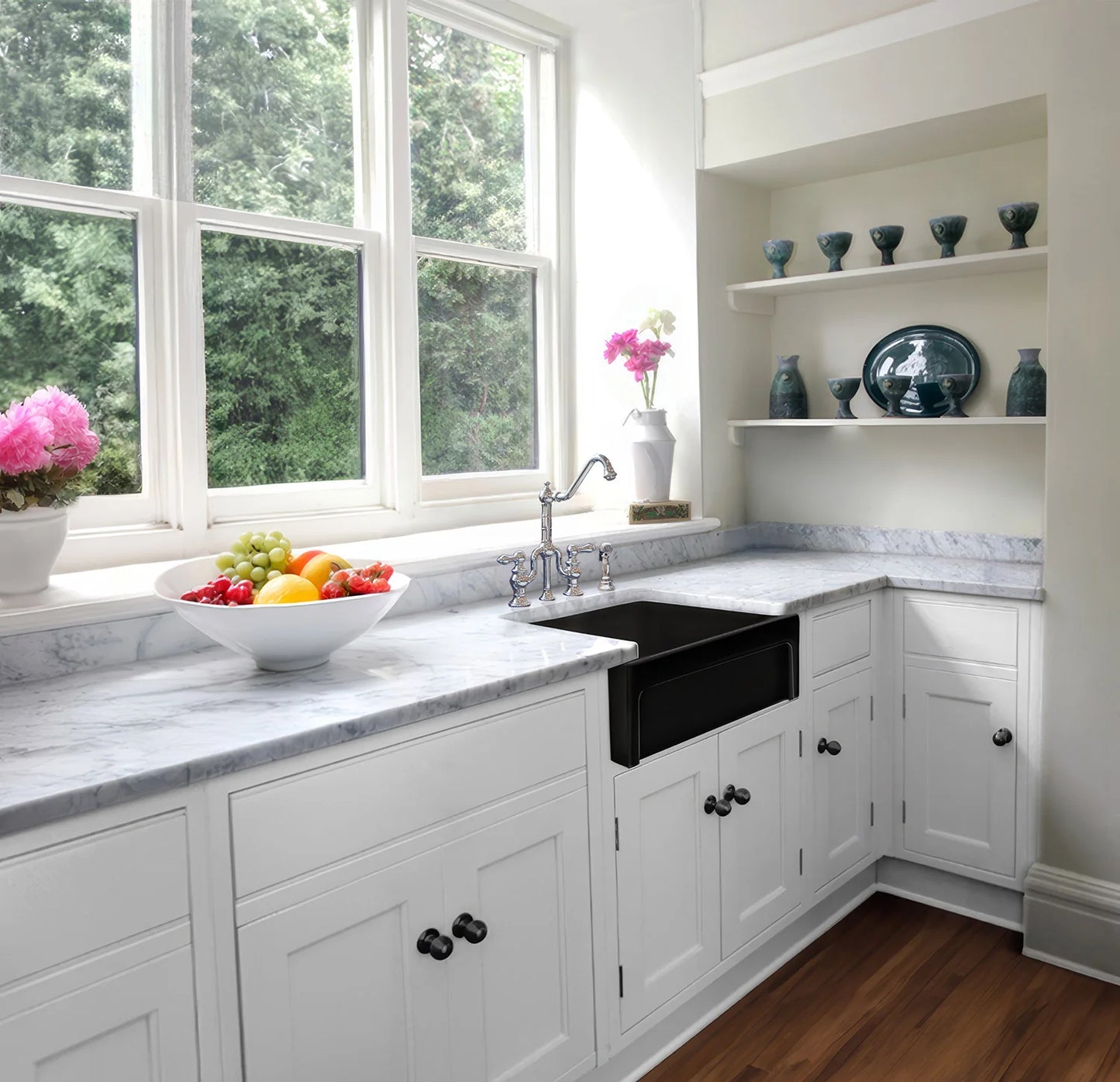 WHITEHAUS 30" Glencove Reversible Matte White Fireclay Kitchen Sink - WHQ5530 in a bright kitchen setting with marble countertops.