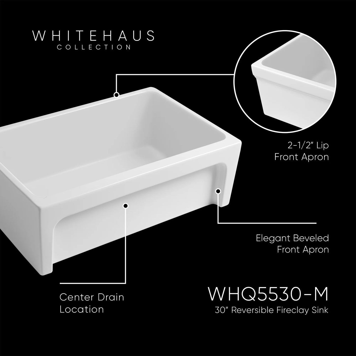 WHITEHAUS 30" Glencove Reversible Matte White Fireclay Kitchen Sink - WHQ5530 features with elegant beveled front apron.