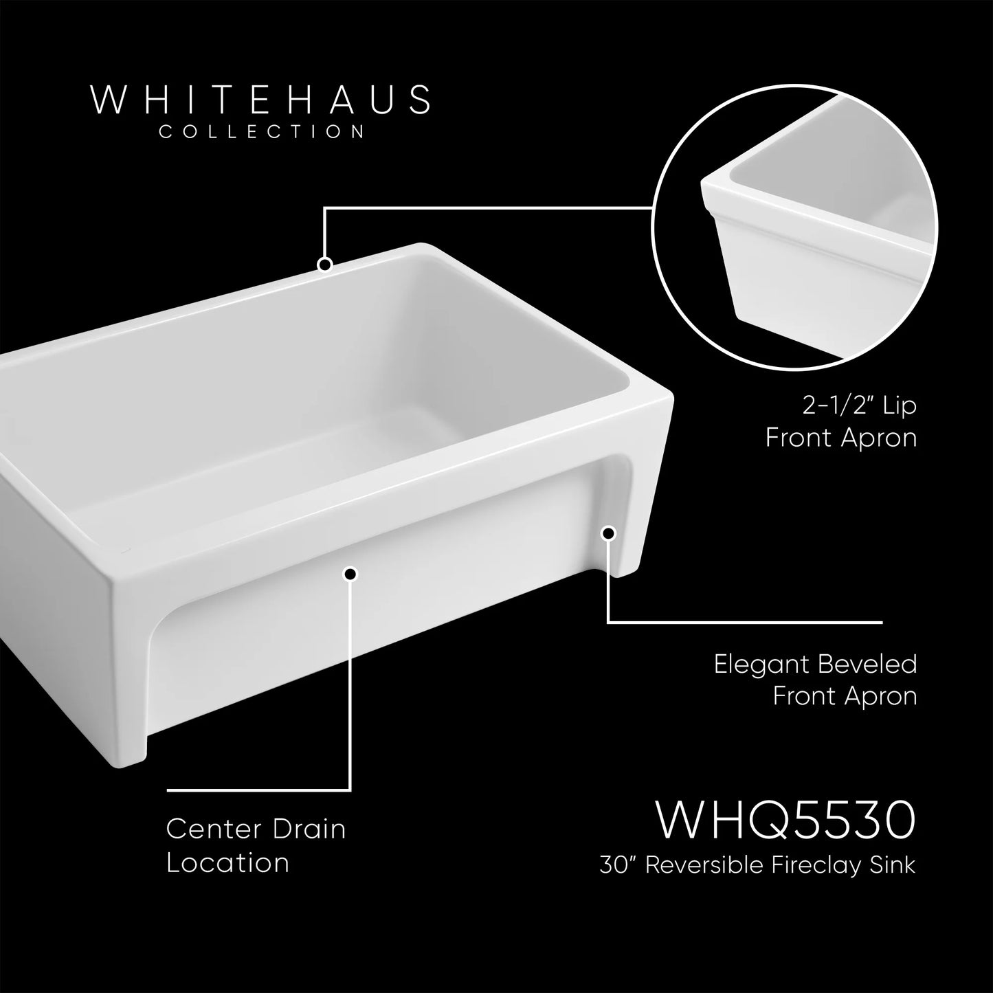 WHITEHAUS 30" Glencove Fireclay Reversible Sink WHQ5530-BLACK with elegant beveled front apron features.