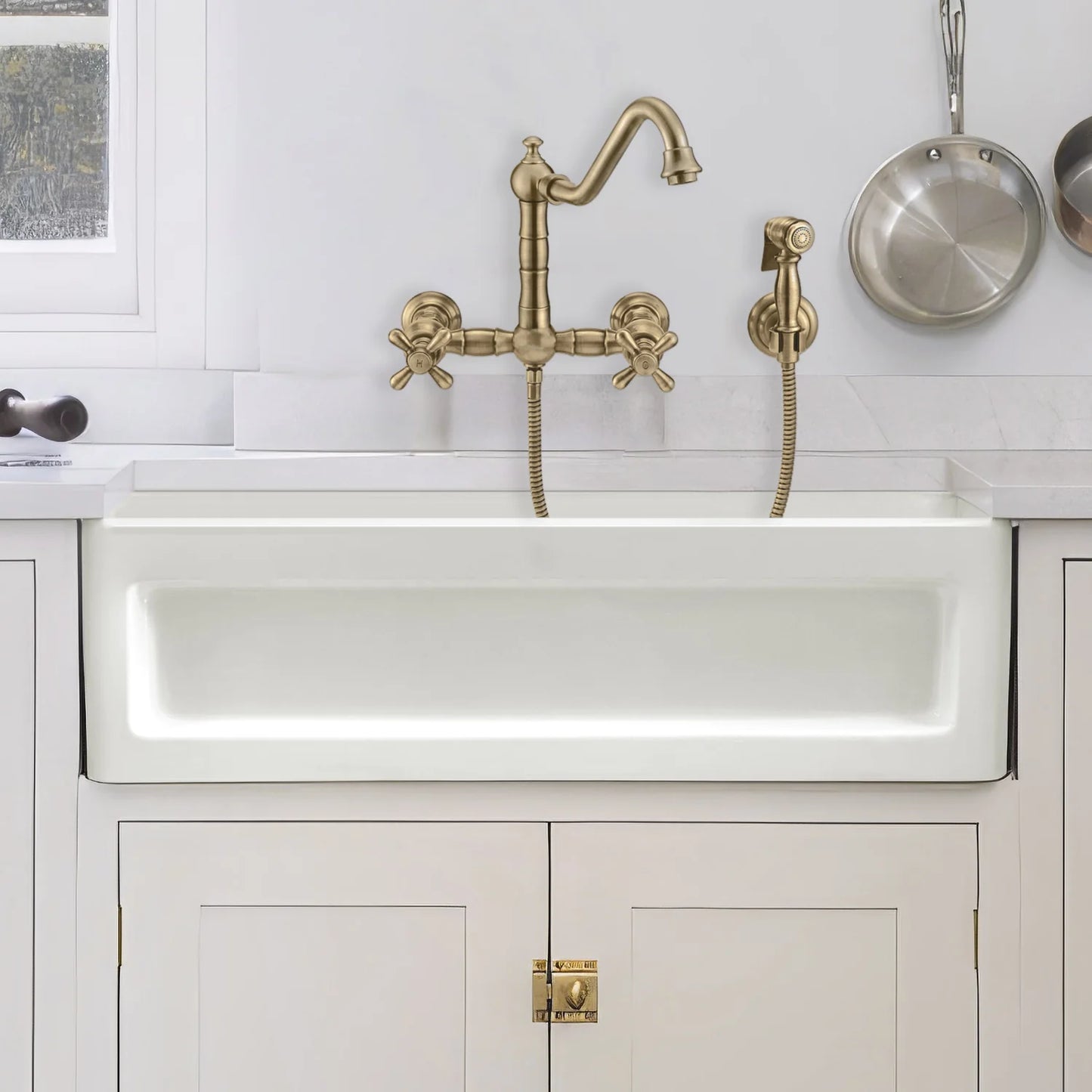 WHITEHAUS 33" Shakerhaus Reversible Kitchen Fireclay Sink WHQ5550 in modern kitchen with brass faucet.