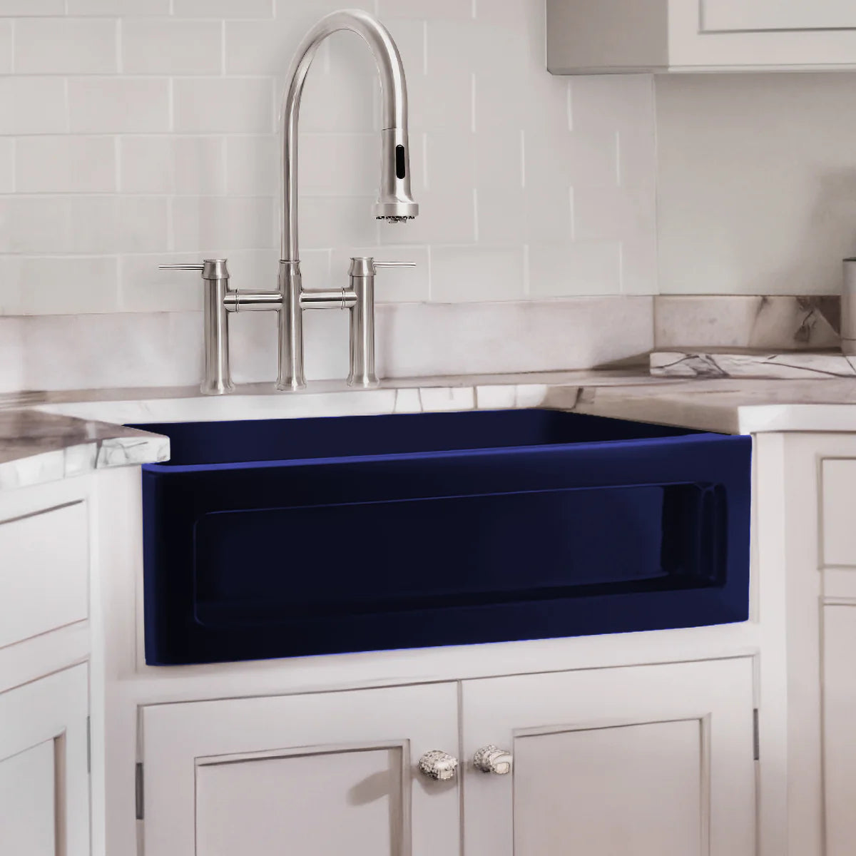 WHITEHAUS 33" Shakerhaus Reversible Kitchen Fireclay Sink WHQ5550 in a modern kitchen with stylish faucet.