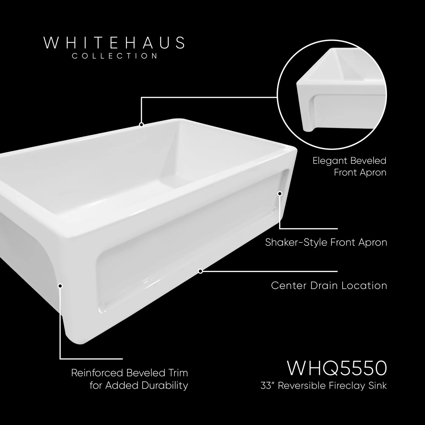WHITEHAUS 33" Shakerhaus Reversible Kitchen Fireclay Sink WHQ5550 with elegant beveled front apron and durable design.