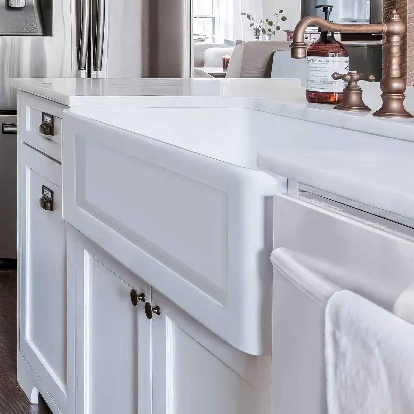 WHITEHAUS 33" Shakerhaus Reversible Kitchen Fireclay Sink WHQ5550- close-up view in modern kitchen setting.